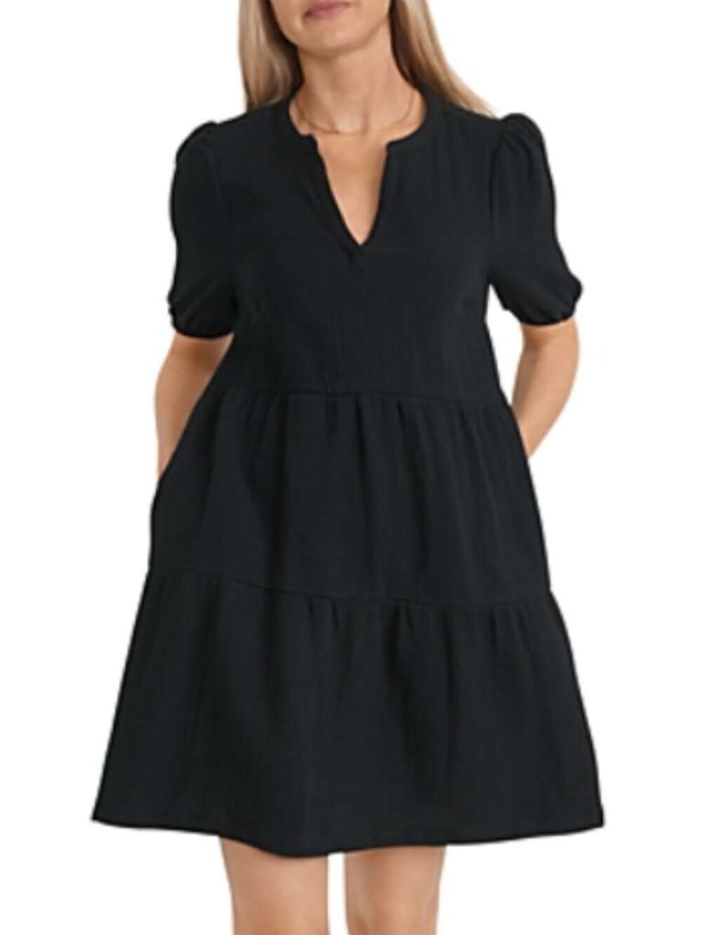 Marine Layer Jamie Short Sleeved Mini Dress Black Cotton Gauze Tiered Size Small